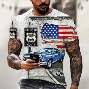 Summer New Mens T Shirts Oversized Loose Clothes Vintage Short Sleeve Fashion America Route 66 Letters Printed O Collared Tshirt